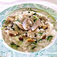 あさりと水菜のもち麦入りリゾット